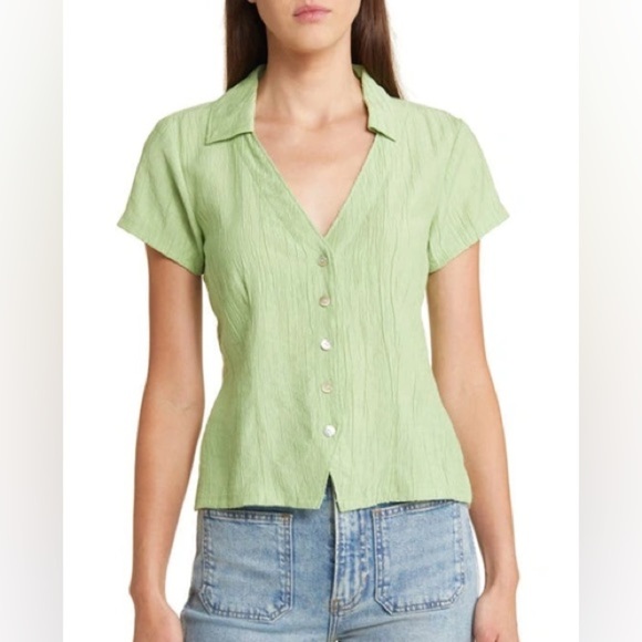 Madewell Crinkled Crepe Notched V-Neck Top Small Short Sleeve Green Button Up - Picture 1 of 6